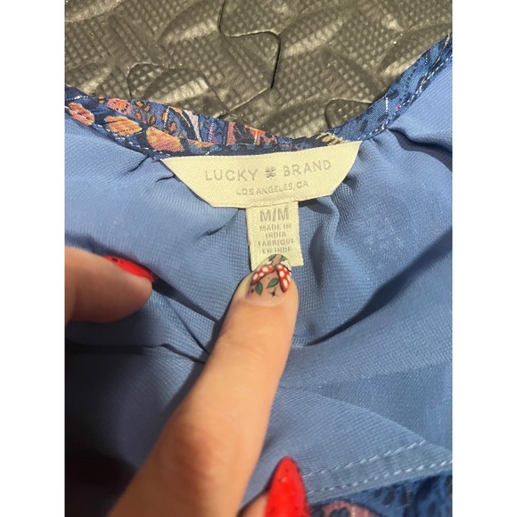 Lucky Brand‎ Paisley Print Top M Blue Orange Short Sleeve Tassel Blouse - Picture 4 of 6